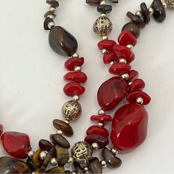 VTG 3 Strand Stone Beaded Red Brown Gold Tone - Picture 5 of 7